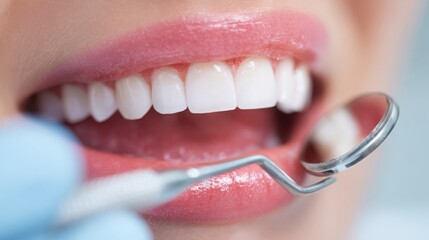 Close-up of a person's healthy white teeth during a dental examination with a dental mirror