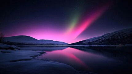 Majestic aurora borealis reflecting on a tranquil winter lake.