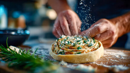 Hands skillfully shaping a rolled pastry with herbs and cheese while flour sprinkles in a warm kitchen scene