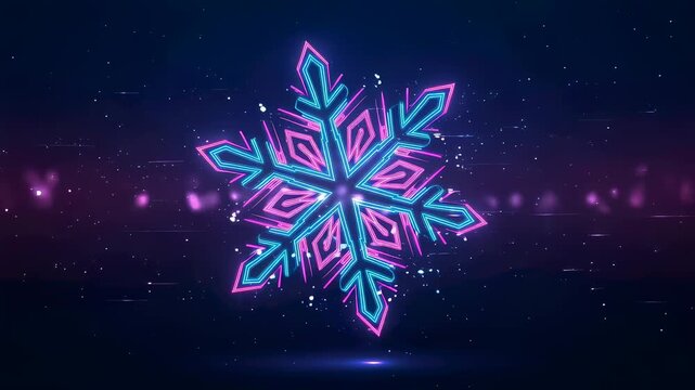 Futuristic neon snowflake shimmering and sparkling with purple glitter particles. Christmas holiday and winter season background with abstract digital design.