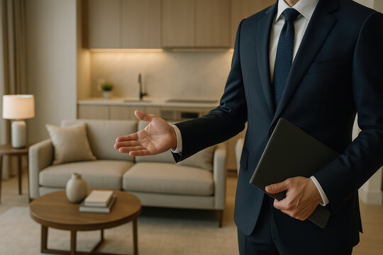 Businessman in suit holding tablet and gesturing in modern living room with sofa and coffee table, professional and inviting atmosphere