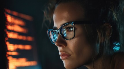 Focused female programmer working on computer, screen code reflecting in her glasses