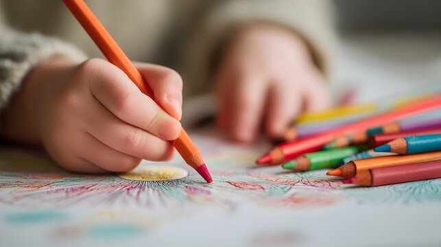 Child is drawing with a red crayon on a piece of paper. The drawing is colorful and lively, with a focus on the child's hand and the crayon. Concept of creativity and playfulness