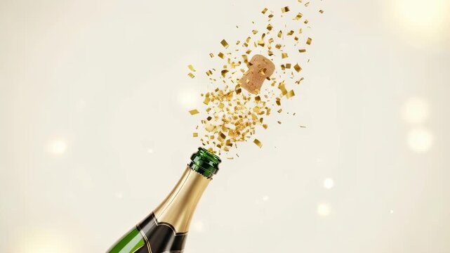 Champagne bottle with cork popping and sparkling confetti. New Year celebration and party concept on light background.