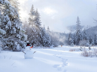 Scenic Winter Landscape with Snow, Trees, Deer, Cardinals, and Snowman 102