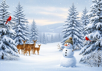 Scenic Winter Landscape with Snow, Trees, Deer, Cardinals, and Snowman 105