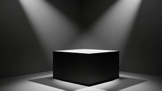 A stark, minimalist scene unfolds as a black cube stands prominently in a dark, empty room. Two focused spotlights from above dramatically illuminate the top surface of the cube and the surrounding fl