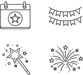 Patriotic celebration icons calendar bunting wand and fireworks line art
