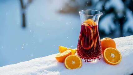 Mulled red drink pitcher and fresh orange fruit slices on snow outdoors. Winter warm beverage, Christmas and New Year concept. - Powered by Adobe