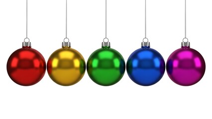 Five vibrant, shiny christmas ornaments in red, gold, green, blue, and purple, perfectly aligned and hanging in a row, isolated on white background, representing festive holiday decoration