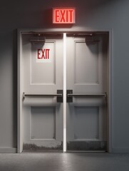 emergency exit doors design featuring illuminated exit sign on one door and plain door isolated on transparent background for safety signage and architectural use