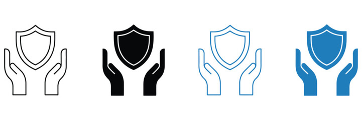 Hands holding shield icon set, representing protection, safety, secure support, reliable defense, trust assurance, and modern protective symbolism for apps, websites, branding, and digital security