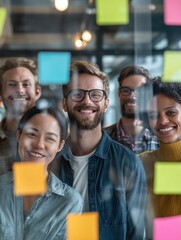 Obraz premium diverse group of smiling businesspeople brainstorming together with sticky notes on a glass wall while working in a modern office no logos no brands ar 34