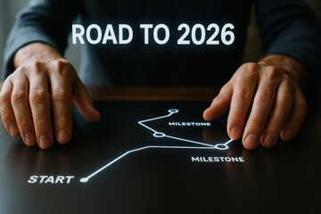Road to 2026 concept with hands near digital milestone map showing progress and planning for future goals and achievements in dark setting with glowing lines and text