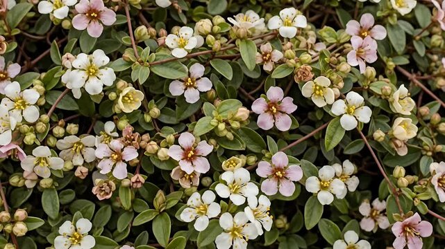 A vibrant and beautiful close-up shot of small, delicate flowers blooming amidst lush green foliage. The dense ground cover features an abundance of tiny blossoms in shades of white and soft pink, eac