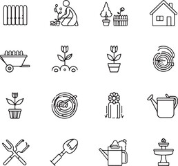 Collection of gardening icons including plants seeds tools watering can and sun in black and white
