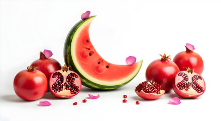 pomegranate and a watermelon in shape of a moon crescent, on white background for Yalda night celebration, winter red fruits