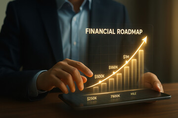 Financial roadmap concept with person in business suit interacting with digital tablet showing glowing upward graph and financial milestones for growth and success