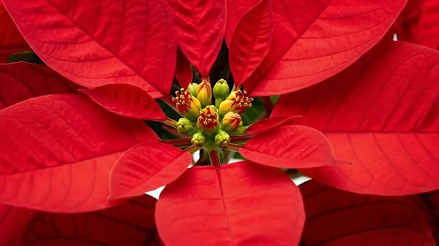 A vibrant holiday plant with brilliant red bracts and lush green leaves is beautifully showcased against a clean white background. The camera gracefully zooms into the intricate yellow and green flowe