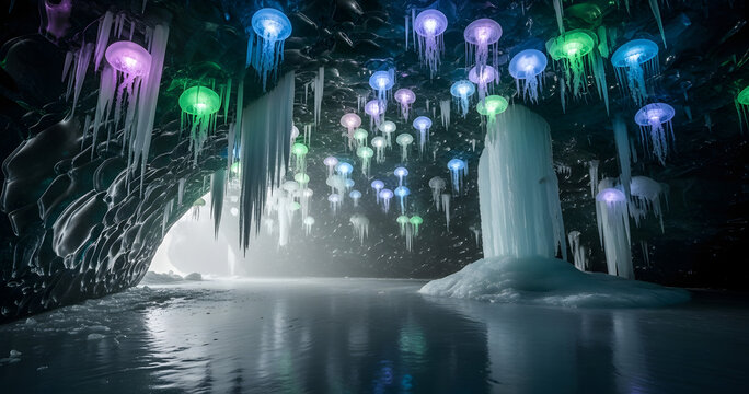 Magical frozen cave illuminated by colorful icicle lights and ethereal mist
