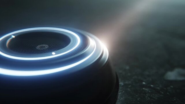 A futuristic smart home Artificial Intelligence Speaker Pulsing Light on a Sleek Countertop in a Dark Minimal Space with Immersive Neon Glow and Advanced Tech Ambience Experience