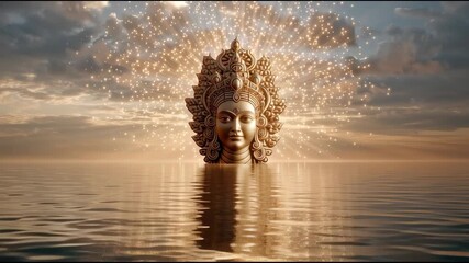 Golden Surya God Statue Emerging from Water with Divine Sunburst	
 - Powered by Adobe