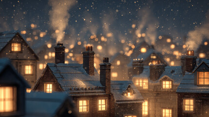 Cozy winter village glows with warm lights and falling snow at night