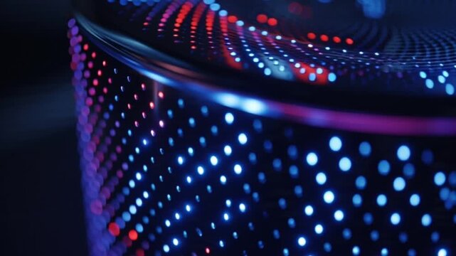 A futuristic smart home Artificial Intelligence Speaker Pulsing Light on a Sleek Countertop in a Dark Minimal Space with Immersive Neon Glow and Advanced Tech Ambience Experience