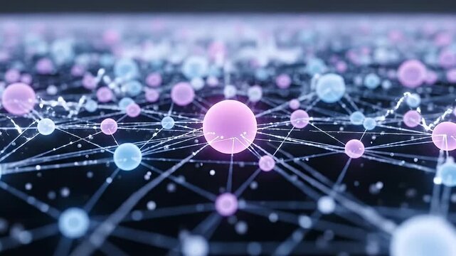 An abstract digital network featuring numerous glowing spheres of varying sizes in blue and pink hues, interconnected by illuminated lines. Dynamic energy pulses and waveforms ripple through the conne