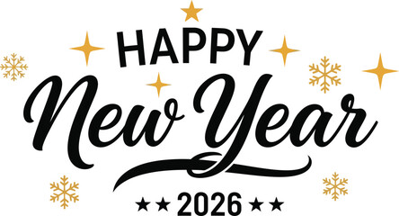 Happy new year 2026 celebration with gold stars and snowflakes