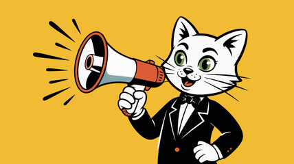 A dapper cat in a tuxedo holds a megaphone, announcing something important with a cheerful expression.