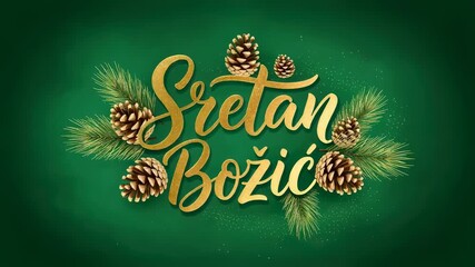 Animated Sretan Bozic greeting with golden calligraphy, pine cones, and needles on a shifting teal background for Christmas celebration