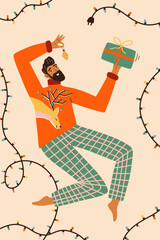 Christmas vector card. A man with a garland and a gift is getting ready for the holidays. Funny cartoon illustration