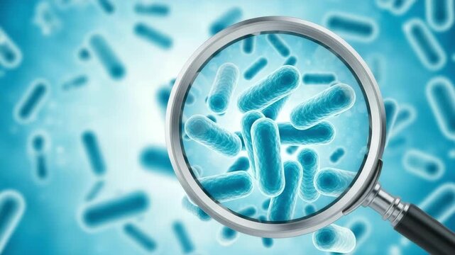 Magnifying glass over blue rodshaped bacteria illustration motion animated video 4k