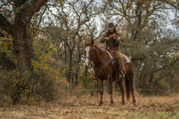 Cowgirl Woman Wearing Cowboy Hat Looking Down and Playing Fiddle Violin While Sitting On Brown and White Horse In Front of Trees and Cloudy Sky