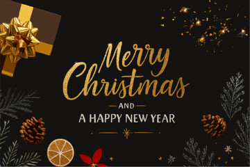 Vintage Christmas greeting card design with golden ball ornaments, a festive tree, and text banner