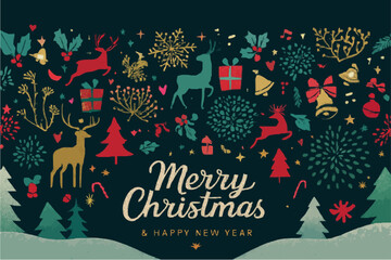 Merry Christmas greeting card with vintage cartoon vector illustration of a decorated winter holiday tree