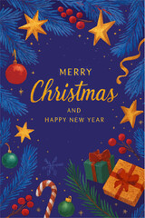 A festive Christmas holiday greeting card design featuring decorated xmas balls, a gold illustration of a tree, and winter snowflake ornaments