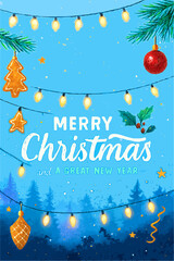 Merry Christmas holiday greeting card design with a cartoon Christmas tree, snow, and decorative star illustration