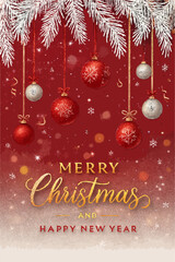 Merry Christmas holiday greeting card design with gold ball decoration snowflake and star vector illustration