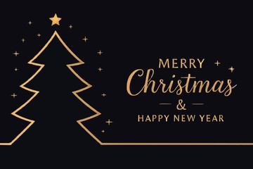 Vintage vector Christmas card design with a gold frame, ornaments, and a snowy winter tree for a festive holiday greeting