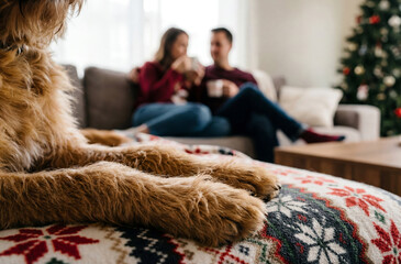 Dog resting on blanket while couple relaxes on sofa in background