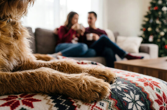 Dog resting on blanket while couple relaxes on sofa in background