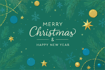 Merry Christmas greeting card with decorated tree, snowflakes, and festive winter holiday season vector illustration