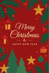 Merry Christmas card with festive holiday decoration and gold star ornament on a beautiful winter snow tree design