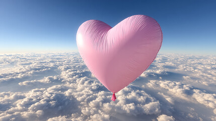 Fototapeta premium A pink heart balloon floats above soft clouds in a blue sky. The dreamy sunrise background creates a pure romantic mood. The composition is gentle and uplifting.