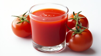 A glass of tomato juice with two fresh tomatoes on white background