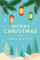 Christmas tree holiday greeting card with snow design and gift box illustration
