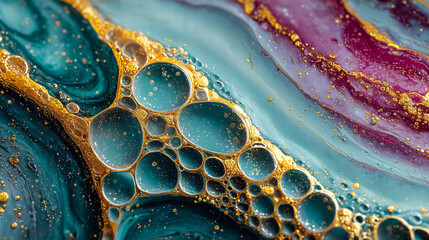 Gold and teal bubbles form an intricate pattern. Burgundy waves and sparkling gold balls create a luxurious style. Abstract forms evoke a sense of precious materials.