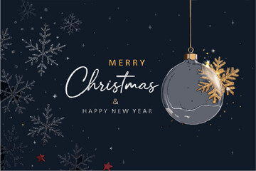 Merry Christmas and Happy New Year greeting card design with gold winter decoration, snowflakes, and festive balls